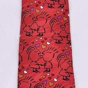 Red 100% Silk Tie Couple Kissing Hearts Kiss Valentines Romantic Keith Daniels